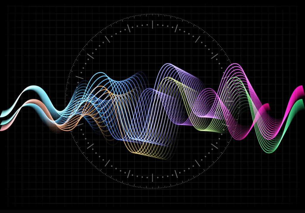 Equalizer vector illustration. Abstract wave icon set for music and sound. Pulsation color wavy motion lines on black background. Radio frequency graph. Graphic digital voice. Stock rate line